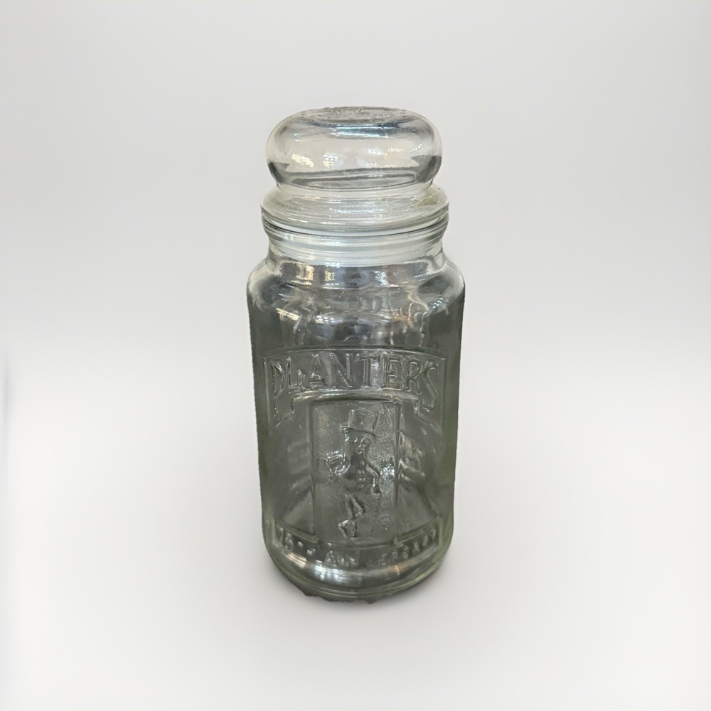Vintage 1981 Planters Mr. Peanut Jar Canister Clear‎ Glass Lid 75th Anniversary
